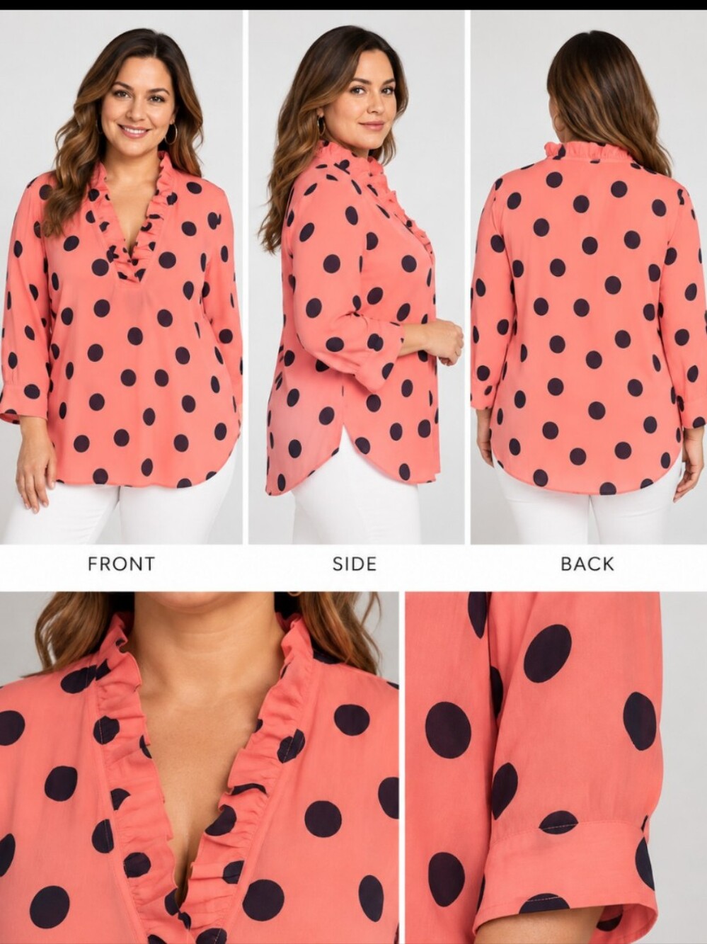 Crown & Ivy Polka Dot Blouse Women’s 1X Coral Pink Ruffle Neck